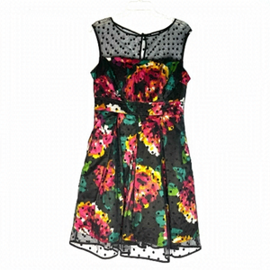 𝅺ELIZA J Black Polka Dots Mesh Floral Fit & Flare Dress US 10